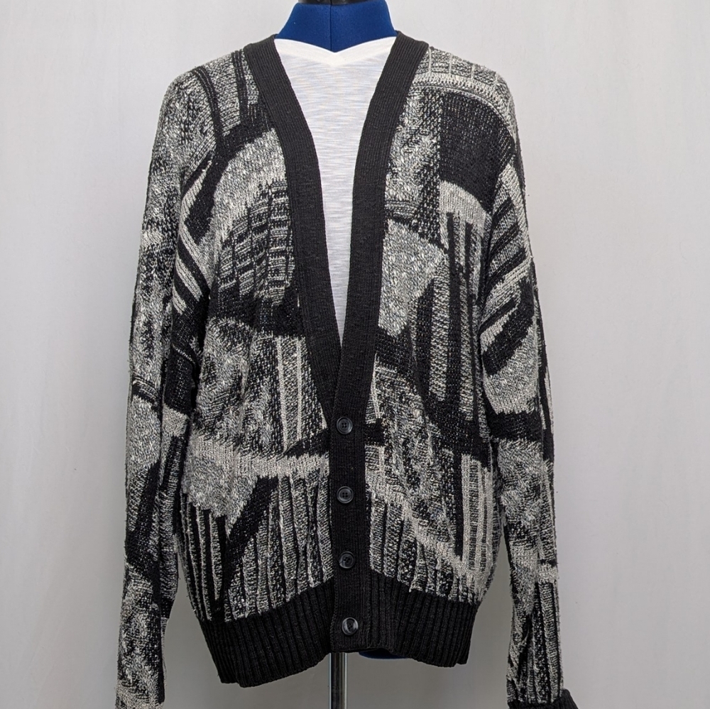 Vintage London Fog Men's Black and Gray Geometric Cardigan